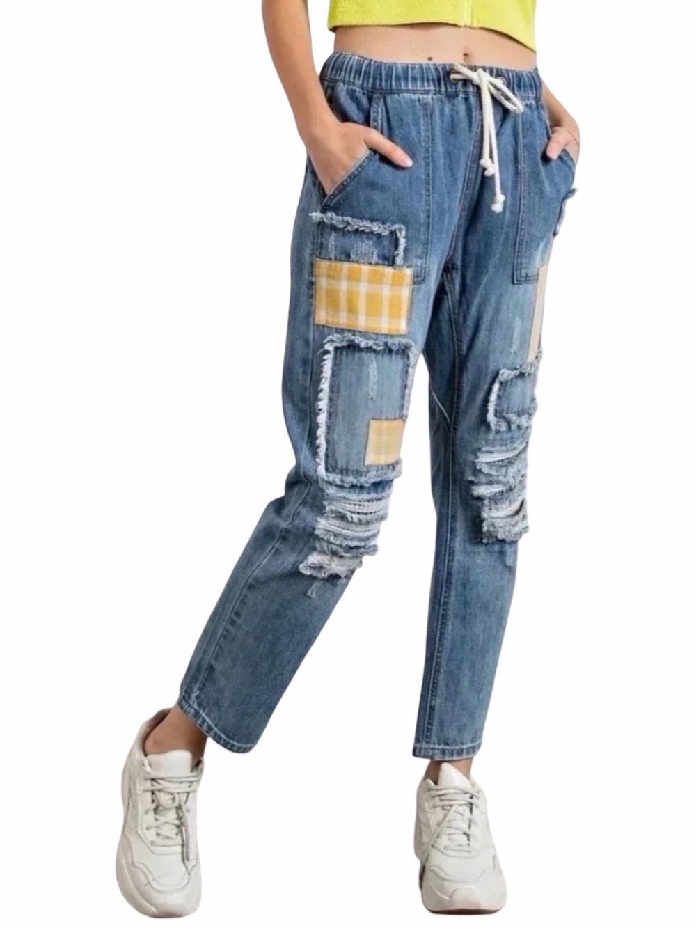 Easel Patchwork Distressed Pull-On Denim Joggers / Jeans - Size Medium